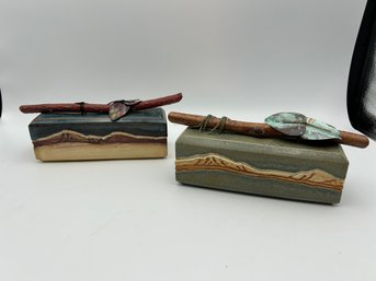 Pair Of 2 Handmade Pottery Trinket Mountain Boxes Stoneware Clay