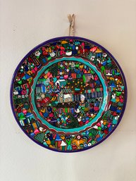 Vintage Hand-painted Mexican Ceramic Terracota Colorful Hanging Plate 16'