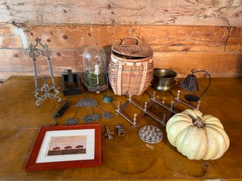 Lot Of Home Decor, Accordian Rack, Pumpkin, Flower Frog, Etc