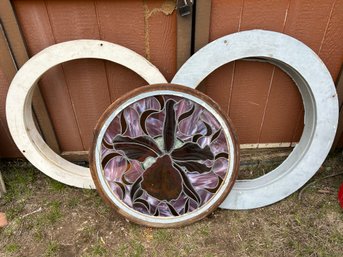 Antique Architectural Salvage Lead Stained Glass Window With Indoor And Exterior Wood Frames