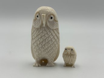 Vintage Pair Of Small Miniature Handcarved Owl Figurines 2'
