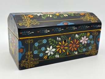 Vintage Floral Black Lacquer Wooden Trinket Jewelry Box Made In Mexico 6'