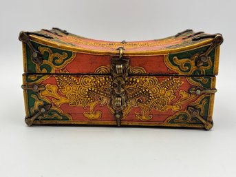 Antique Wood Oriental Tibetan Trinket Box With Brass Accents And Dragon 6'