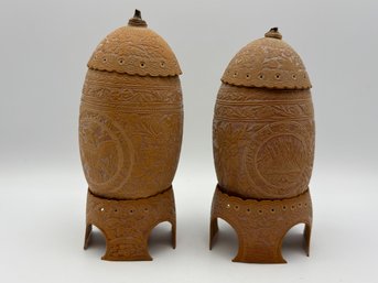 Pair Of Vintage Carved Nicaraguan Gourds 7'