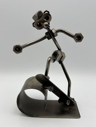 Y2K Welded Folk Art Metal Key Holder Skate Boarder Figurine 7.5'