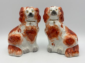 Antique 19th Century English Staffordshire Russet Spaniel Dogs Figurines Porcelain Chunky