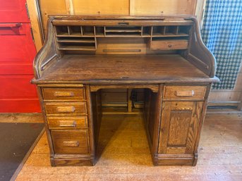 Antique Oak Traditional Home Office Roll Top Secretary Desk