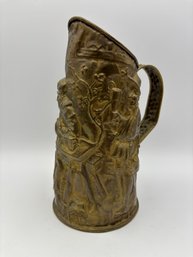Antique Brass Embossed Pub Scene Pitcher 8.5' Made In France