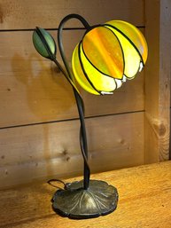 Antique Handel Style Art Nouveau Brass Bronze Lily Flower Table Lamp - Green