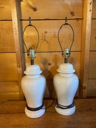 Vintage Pair Of Porcelain Ceramic Table Lamps With Brass Finials