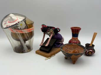 Vintage Mexican Decor Lot, Ceramic Pots, Folk Art Figurine
