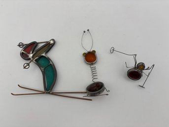 Vintage Lot Of Miniature Stained Glass Suncatchers Metal Figures Bugs & Skier