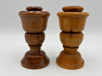Vintage Small Turned Wood European Candle Candlestick Holders 3.5'