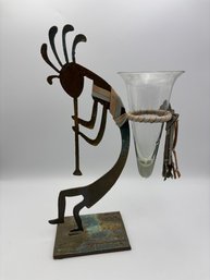 Vintage Kokopelli Dancer, Native American Metal Flower Vase 14'