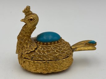 Vintage Florenza Gold Tone Metal Peacock Trinket Box With Spoon 2'