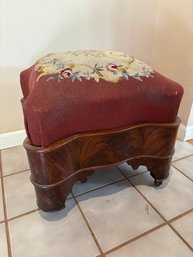 Antique 19th Century Floral Needlepoint Mahogany Footstool