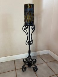 Vintage Wrought Iron Floor Caged Glass Candle Stand 28'