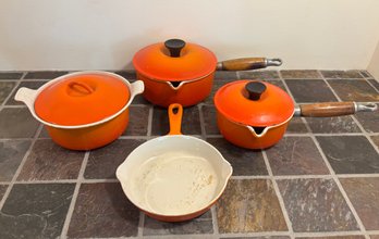 Vintage Le Crueset Flame Orange Enamaled Cast Iron 1970s Cookware Set Lot Skillet & Pots