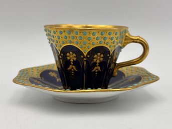 Antique Jeweled Coalport Demitasse Teacup And Saucer Cobalt Blue And Gold Gilding