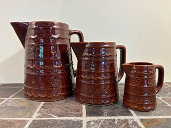 Set Of 3 Marcrest Daisy & Dot Brown Stoneware Pitchers - 4', 6' & 8'