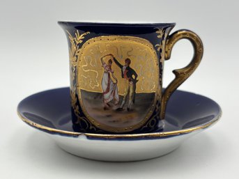 Antique Demitasse Teacup And Saucer 1900s Cobalt Blue Gold Medallions With Gallant Scene French