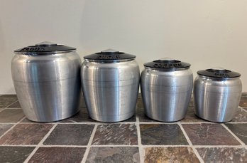 Set Of 4 Kromex Spun Aluminum Canister Jar Set - Sugar, Coffee, Flour & Tea
