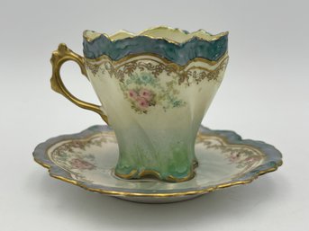 Antique German Victorian Demitasse Square Teacup And Saucer Set Gold Gilded Rim Bluish Green With Lustre