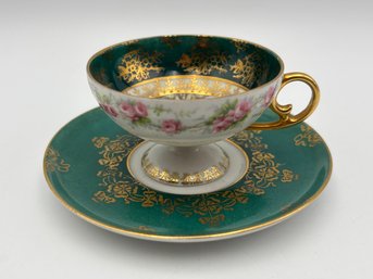 Antique Austrian Demitasse Teacup And Saucer Wide Green Band And Figures In Medallion On Inside W/ Gold Gilt