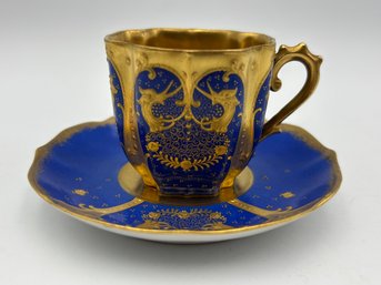 Antique Limoges French Demitasse Teacup Gold Lined Cobalt Blue Decorated With Griffin Heads