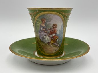 Antique Demitasse Sevres French Teacup And Saucer Green Gold With Figures In Medallion Lix