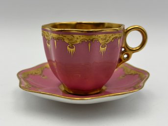 Antique Demitasse Engilsh Ovington Brothers Pink And Gold Gilt Coalport Teacup And Saucer