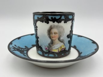 Antique French Demitasee Teacup & Saucer 'Madame Elizabeth' Signed By Cler Portrait Blue W/ Silver Decoration