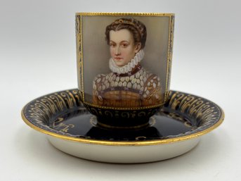Antique Royal Vienna Demitasse Teacup And Saucer Mary Of Scotland Signed By Feier Cobalt Blue And Gold