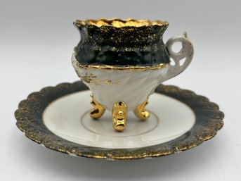 Antique German Meissen B-form Footed Demitasse Teacup And Saucer Wide Dark Green Border