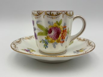 Antique German Dresden Demitasse Teacup And Saucer Flowered With Gold Rim