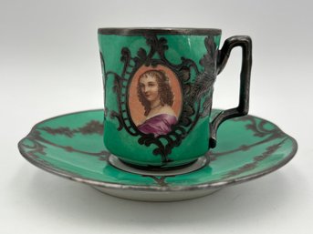 Antique Demitasse Sevres Porcelain French Teacup 3 Portrait Victorian Teal With Silver Decorations