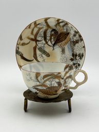 Antique Japanese Demitasse Gray Brown And Gold With Bird Scene Teacup And Saucer With Stand