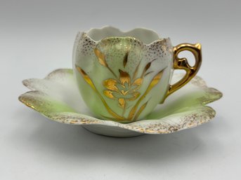 Antique Demitasse German Teacup And Saucer Green Accents Gold Gilt Leaf Design