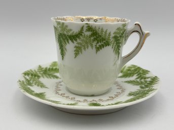 Antique German Demitasse Teacup And Saucer White With Fern And Gold Decorations
