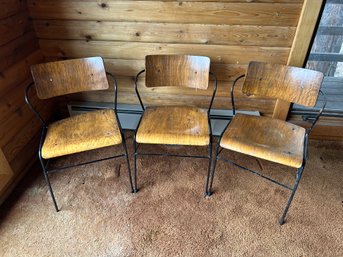 Vintage Mid Century Wrought Iron & Bent Plywood Arm Wood Dining Chairs Set Of 3 - 18 X 16 X 29