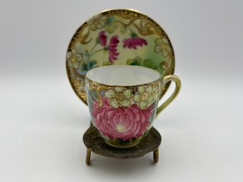 Antique Possibly Bavarian Demitasse Teacup And Saucer Colorful Pink Peony Flower, Green And Gold With Stand
