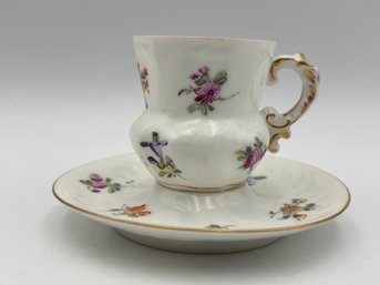 Antique Dresden German Demitasse Teacup And Saucer Dainty Flowered Design With Pedestal Saucer Gold Rimmed