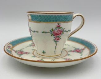 Antique English Minton Blue And Pink Demitasse Teacup And Saucer