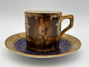 Antique Czech Marked Demitasse Teacup And Saucer With Child And Dog Eating Fruit Portrait Beehive Overglaze