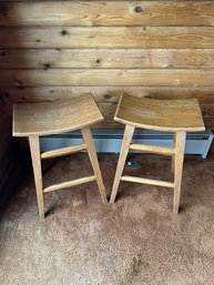 Vintage MCM Mid Century Wooden Wood Saddle Bar Stool Pair