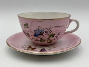 Antique Russian Demitasse Teacup And Saucer Dainty Lavender Pink With Flower Spray Decorations