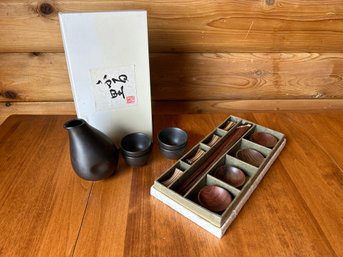 Lot Of Vintage Japanese Utensils  - Black Saki Set & Inlaid Wooden Chopstick Sushi Set