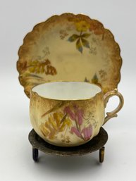 Antique Demitasse Teacup And Saucer M. Redon. France Limoges Tan And Pink Satin Finish