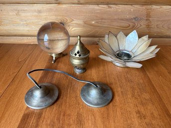Lot Of Brass Items - Tingsha Cymbals, Capiz Shell Candle Light Holder, Glass Orb, Incense Burner