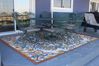 Meadowcraft Green Wrought Iron Metal Patio Table W/ 6 Chairs, Umbrella & Outdoor Rug